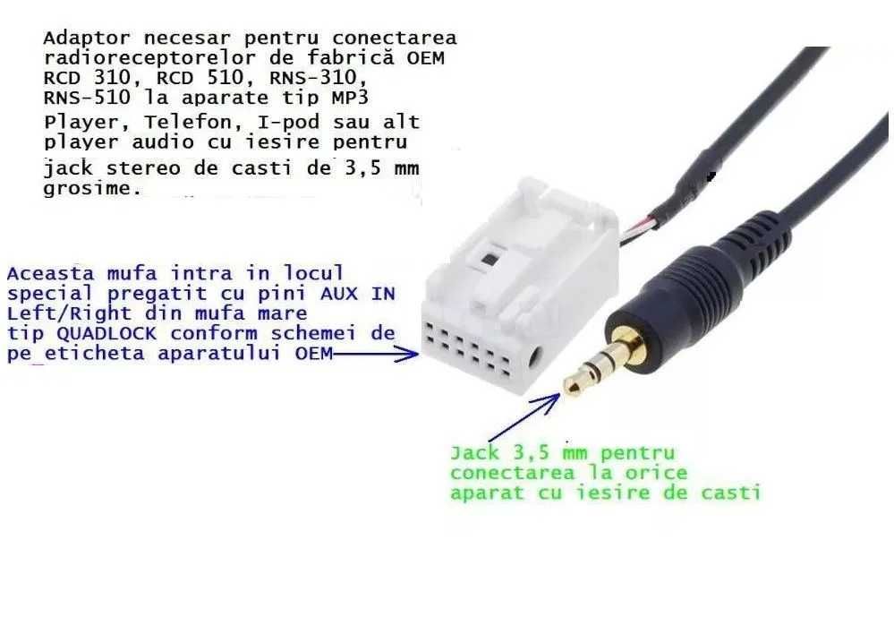 Adaptor AUX Mini ISO JACK 3,5MM MFD3 Radio VW Skoda Seat VW RNS 12Pin