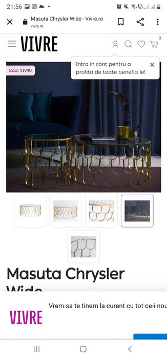 Masuta Cafea Sticla Fier Forjat Auriu Gold