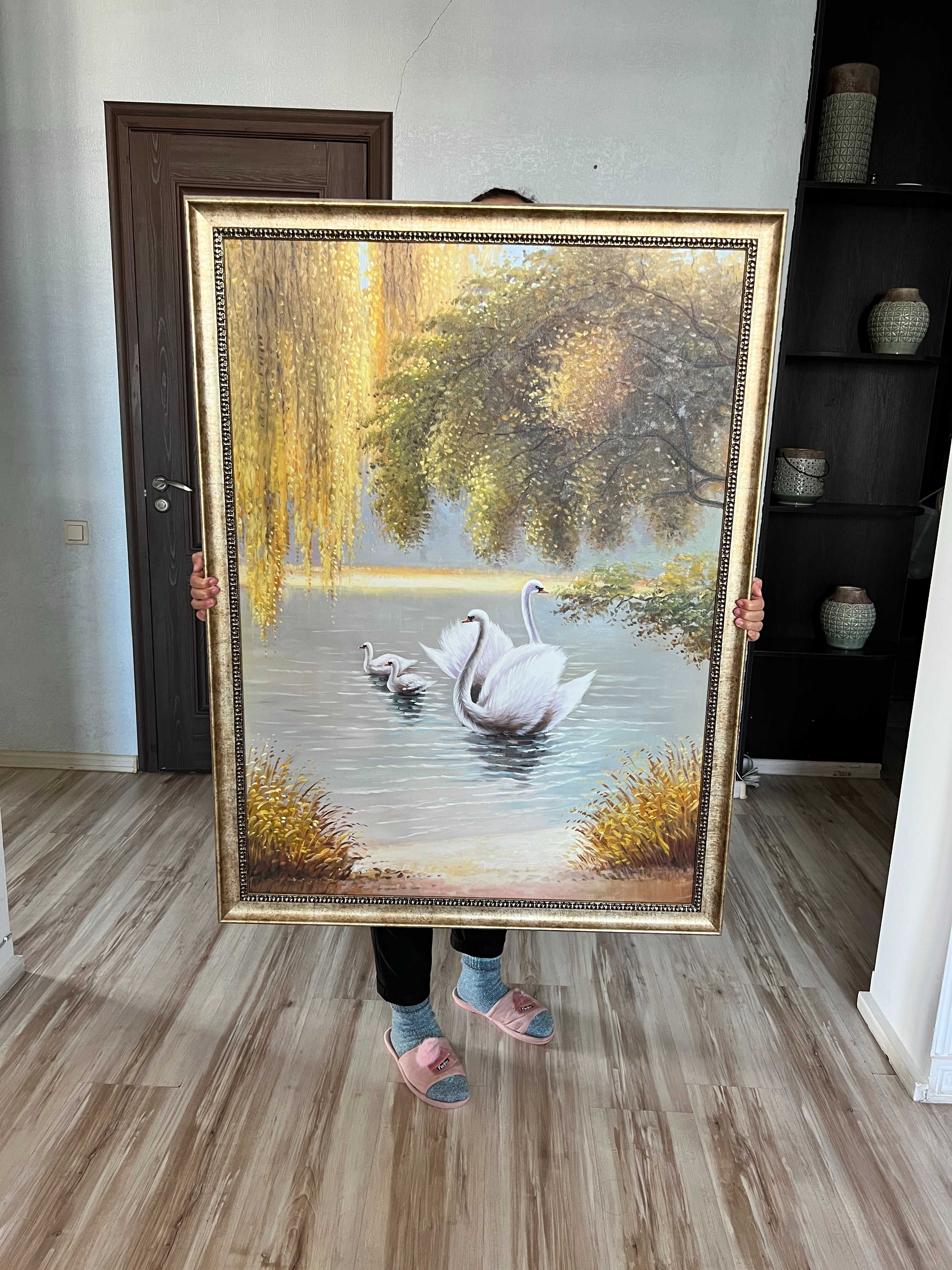 Картина маслом "Лебединое озеро", написанная вручную.