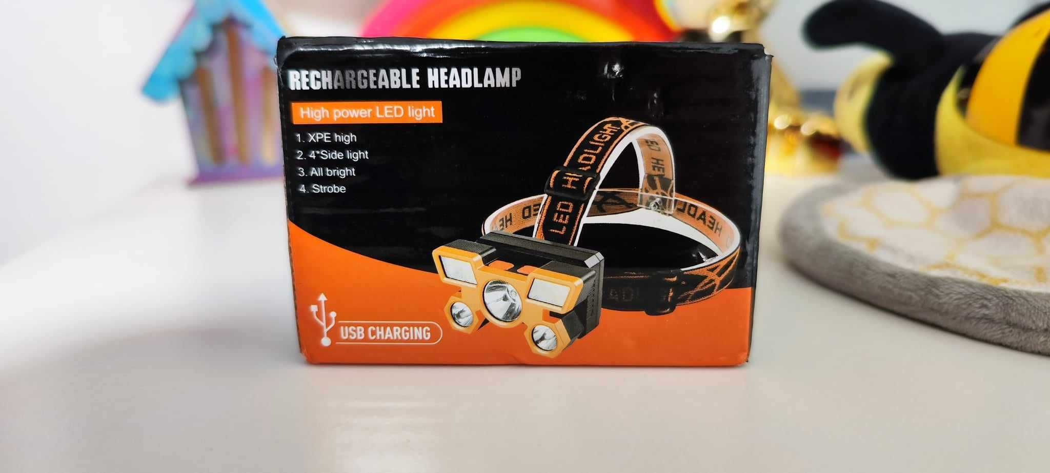 Lanterna de cap LED cu acumulator pentru pescuit, camping, portocaiu