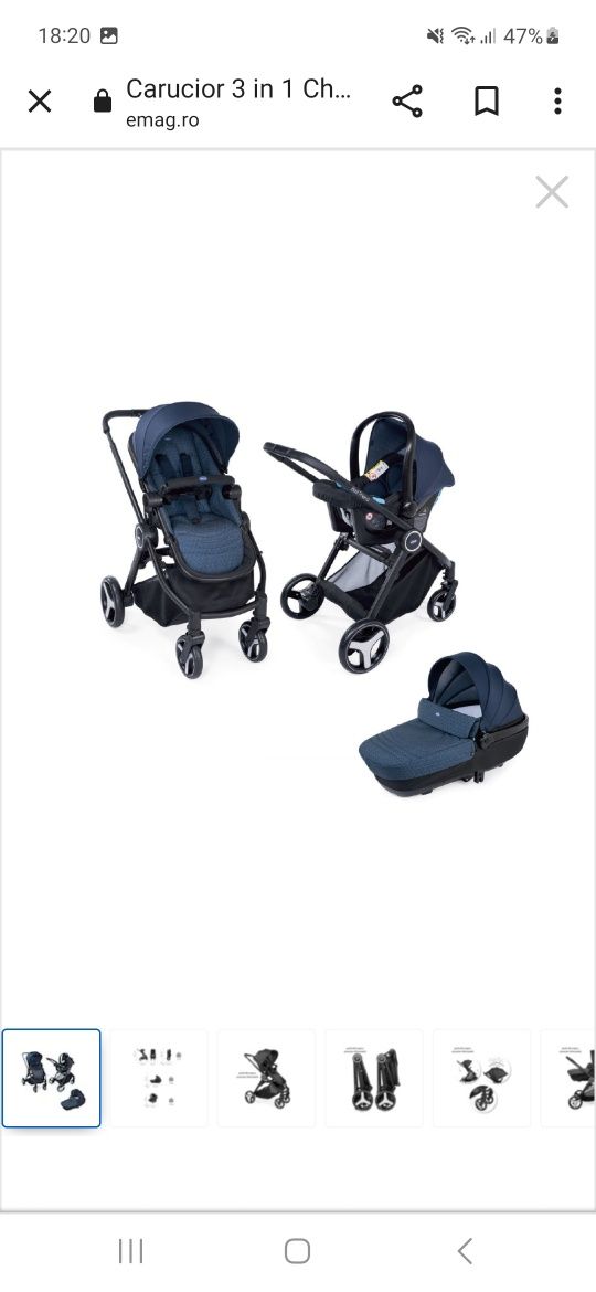 Carucior 3 in 1 Chicco Trio Best Friend Comfort, Avio (Albastru), 0lun