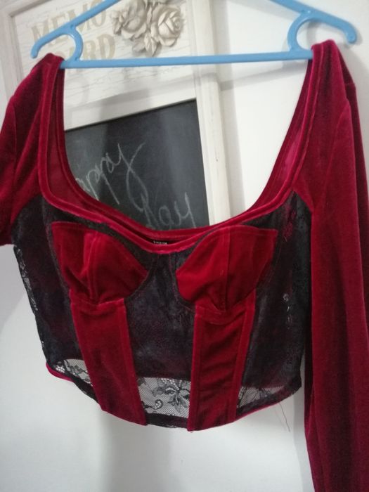 Bluza sexy tip corset din catifea visinie cu dantela neagra Shein 36