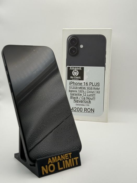 iPhone 16 Plus Black 512GB Baterie 100% Cicluri 141 , Garantie 12 Luni