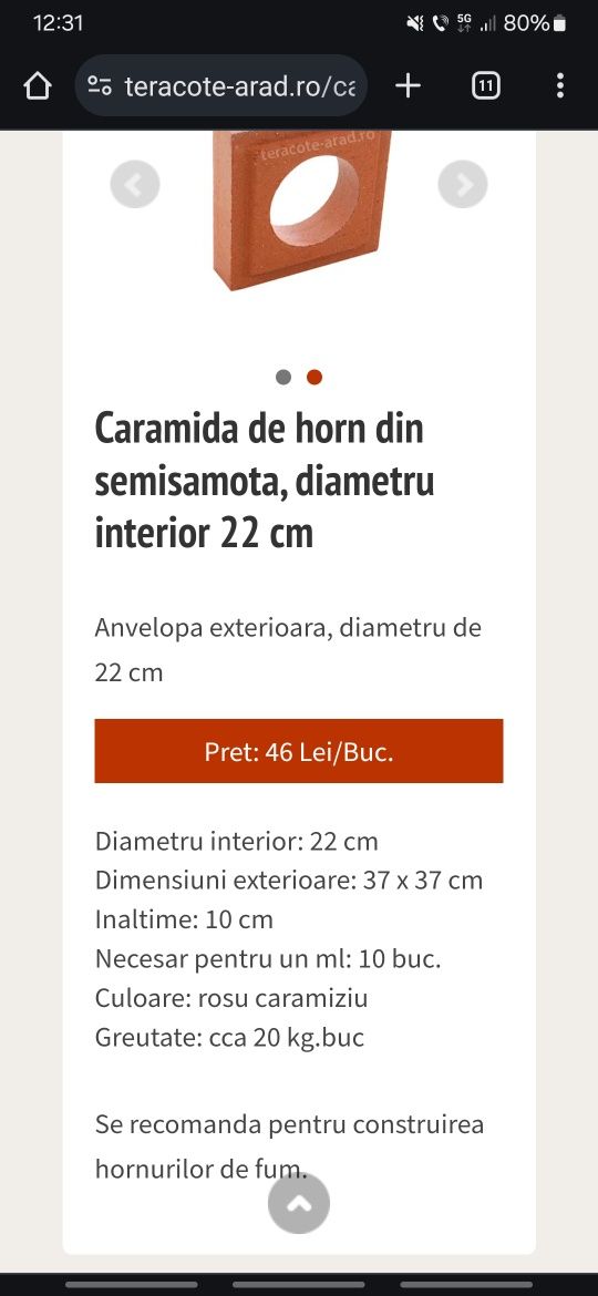 Caramida de horn din semisamota, diametru interior 22 cm