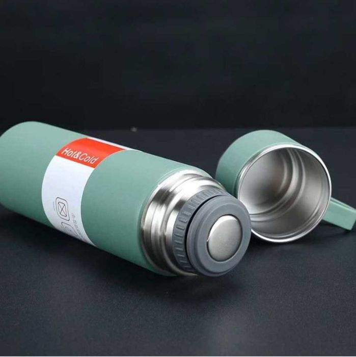 Подаръчен комплект термос с 3 чаши, зелен, розов, сив