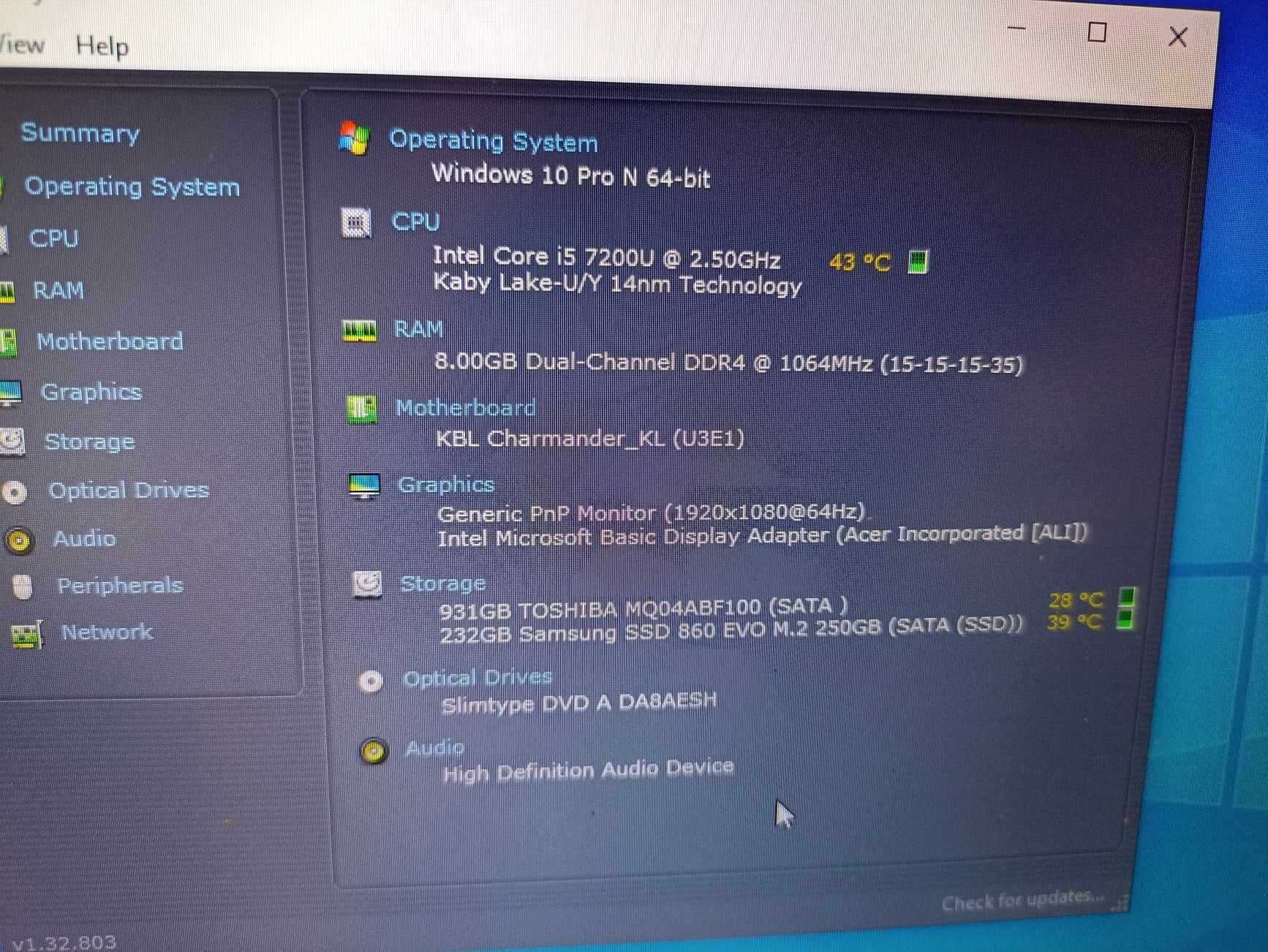 Laptop gaming, 17,3inch, Acer I5, gen7, 8Gb DDR4, SSD256Gb+1Tb Hdd.