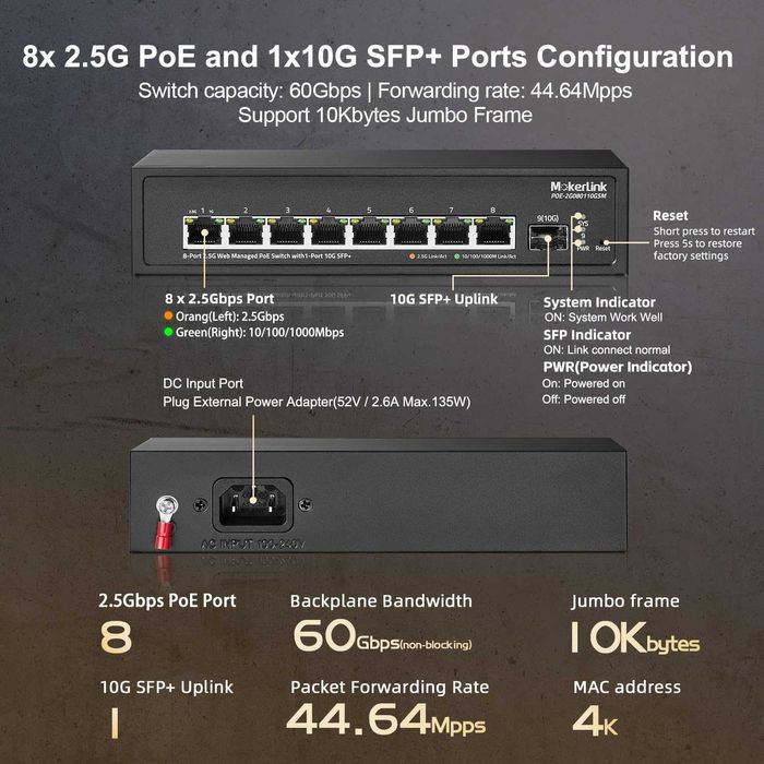Switch ethernet MokerLink 8 port 2.5G POE gestionat,10G SFP+ VLAN,LACP