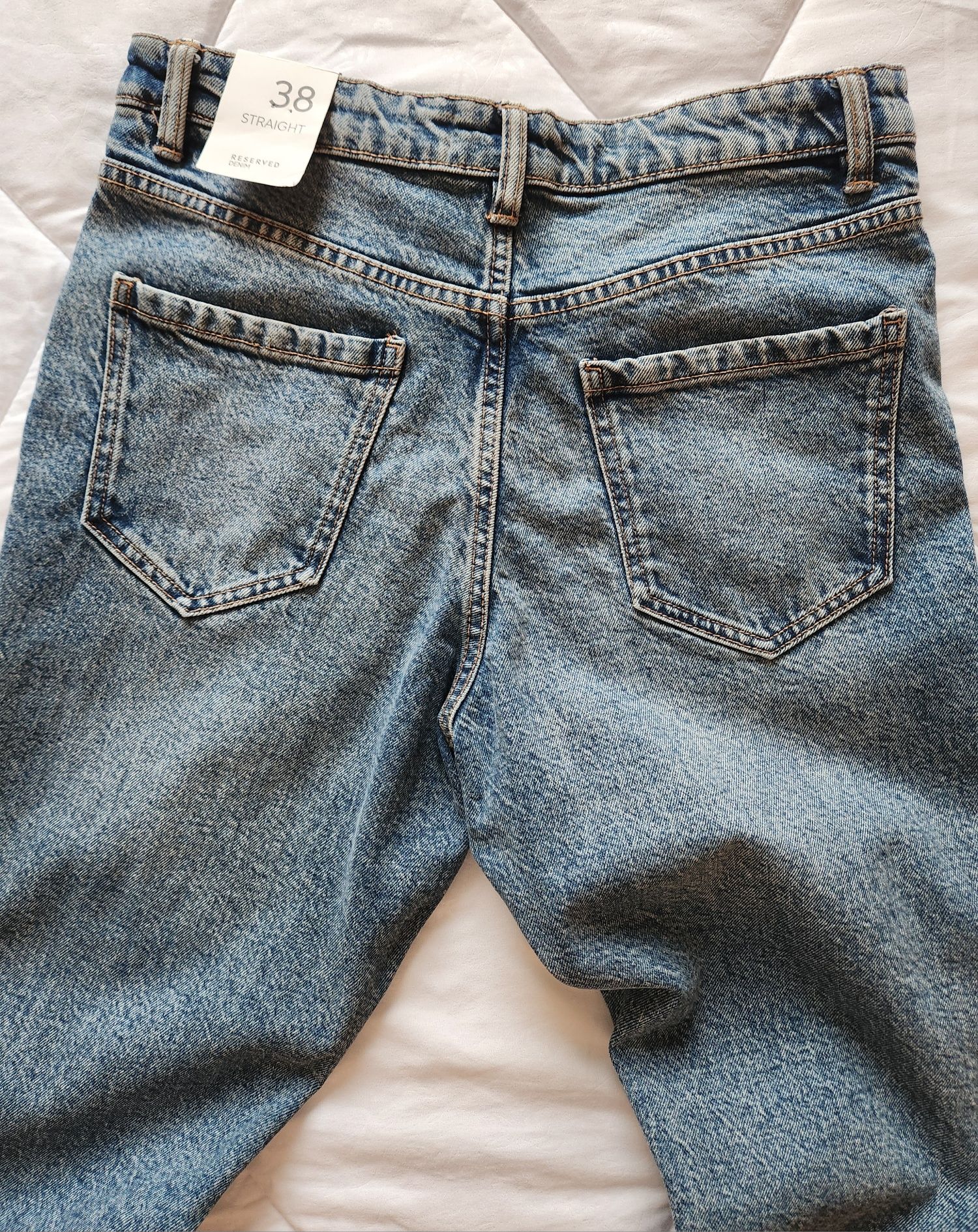Дънки S/M 38 висока талия прави скъсен крачол сини mid wash blue jeans