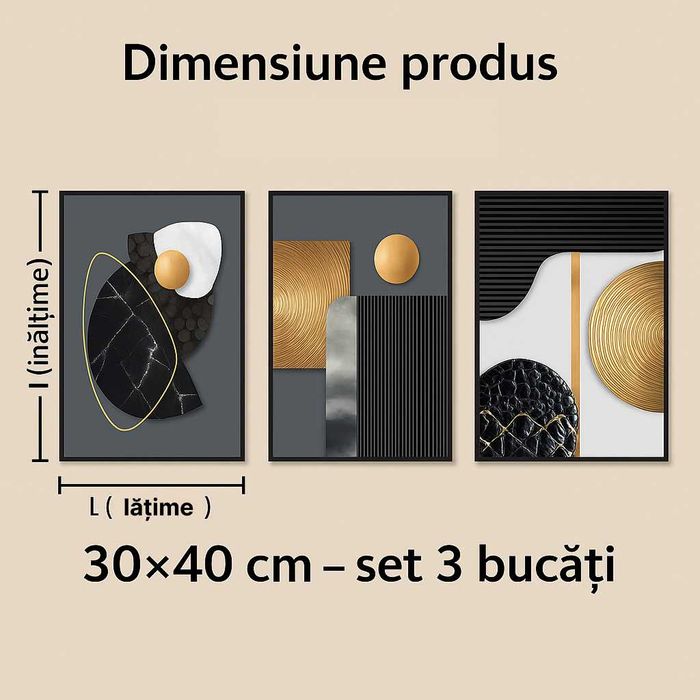 Set 3 Tablouri Canvas Geometrice cu accente aurii – 30x40 cm fiecare