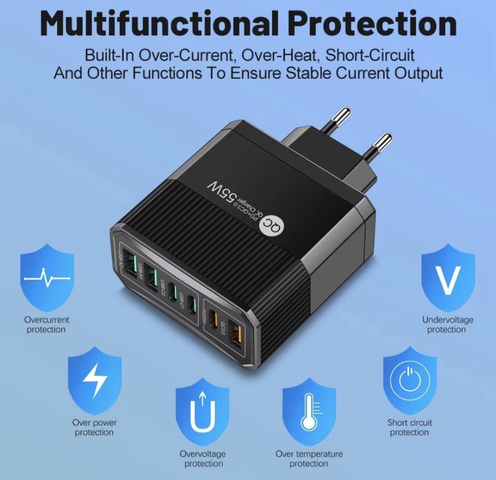 55W USB зарядно ,Бързо зареждане 6 порта Quick Charge 3.0