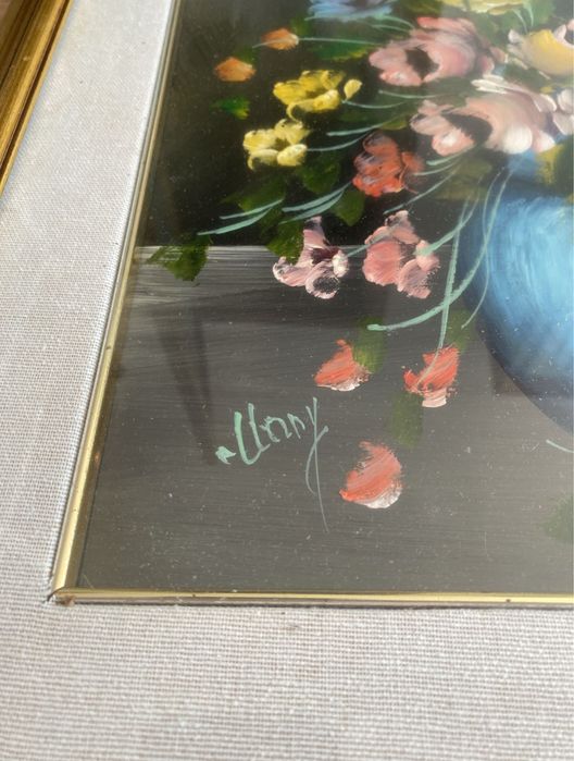 Tablou pictura ulei pe placaj buchet flori colorate (semnat)