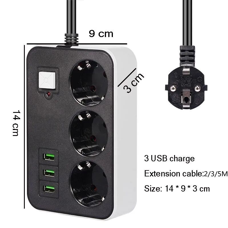 Разклонител с три гнезда и 3 USB входа (2 метра)