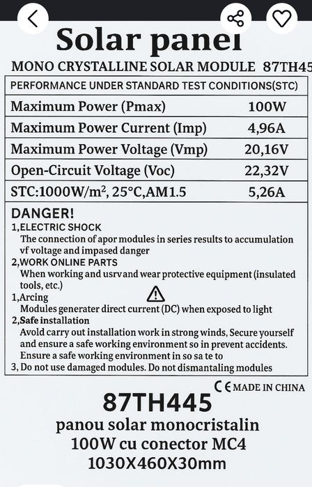 Panouri solare fotovoltaice 100W 200W