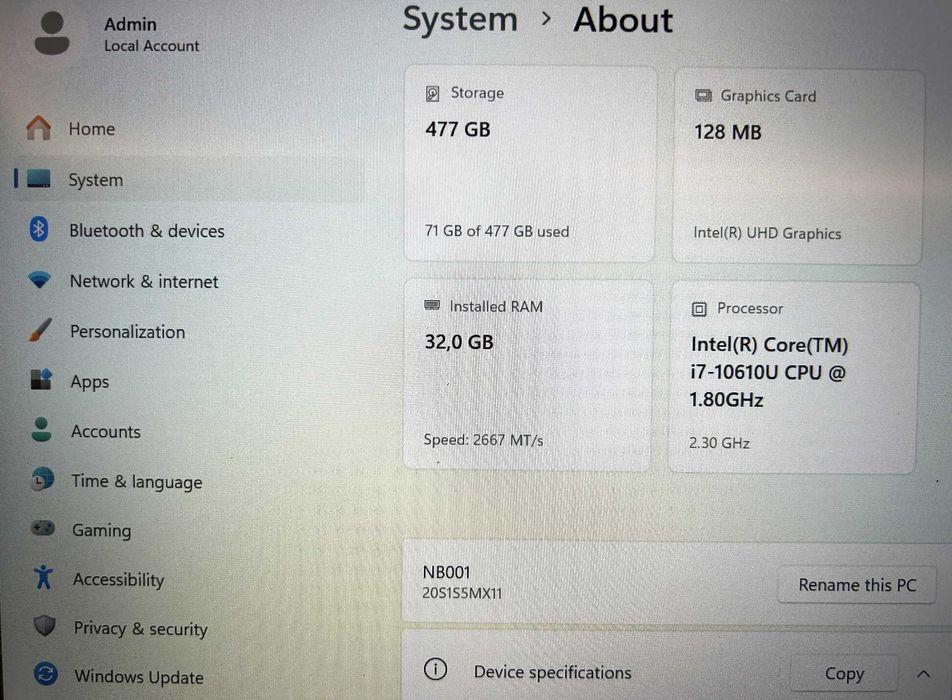 Lenovo ThinkPad T14 Gen1 i7-10610U, 32GB, 512 SSD Win 11 Pro