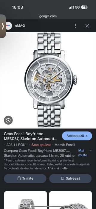 Ceas Fossil de dama Boyfriend nou ME3067 silver automatic