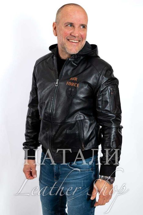 Кожен бомбър Александър с качулка