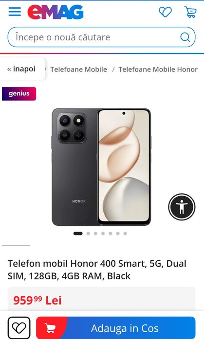 Honor 400 Smart, 5G, Dual SIM, 128GB, 4GB RAM, Black

Estimat livrare