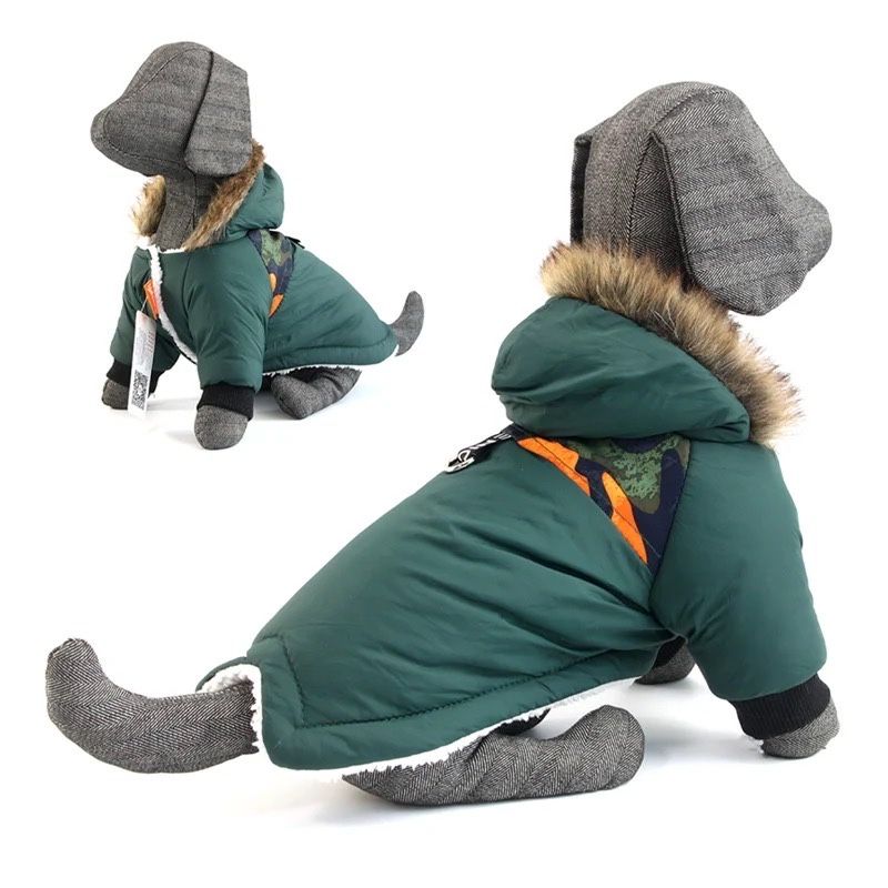 Кучешка дреха зимно ватирано палто яке худи с пухена качулка зелено