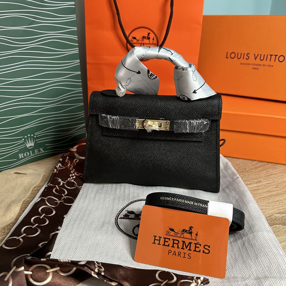 Geanta Hermes Kelly 19cm Black/Piele naturala 100%/Punga/Cutie Hermes