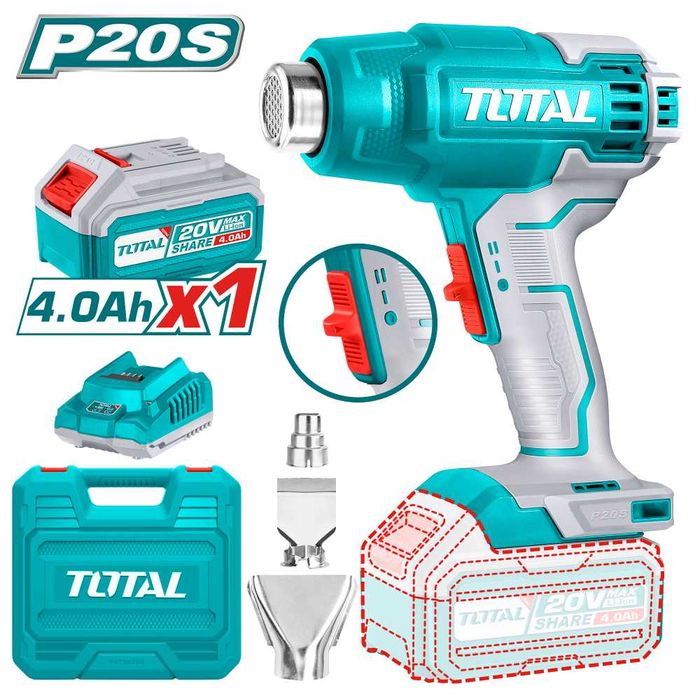 TOTAL 20V пистолет за горещ въздух – 4.0Ah батерия, до 550°C