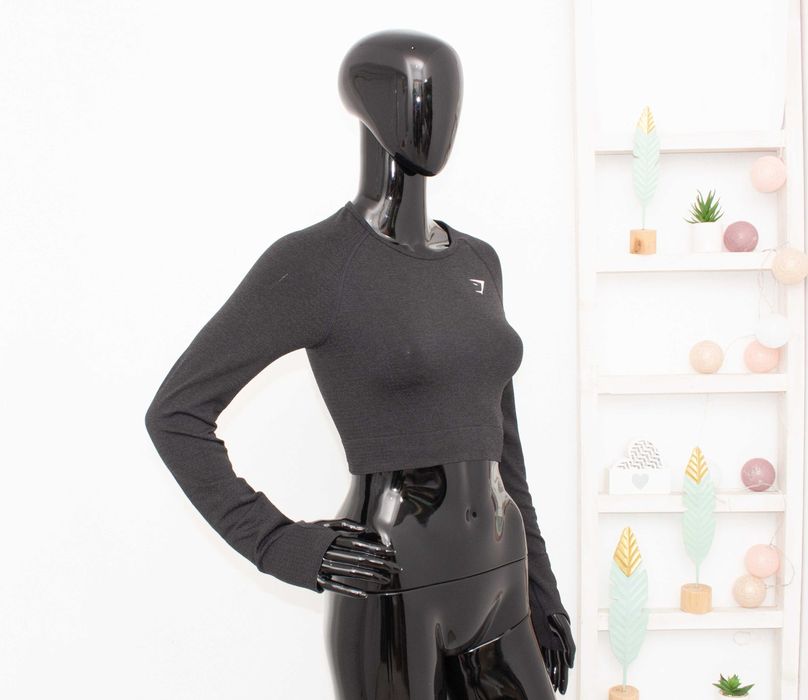 Gymshark дамски кроп топ за фитнес къс модел тъмно сив дълъг ръкав М