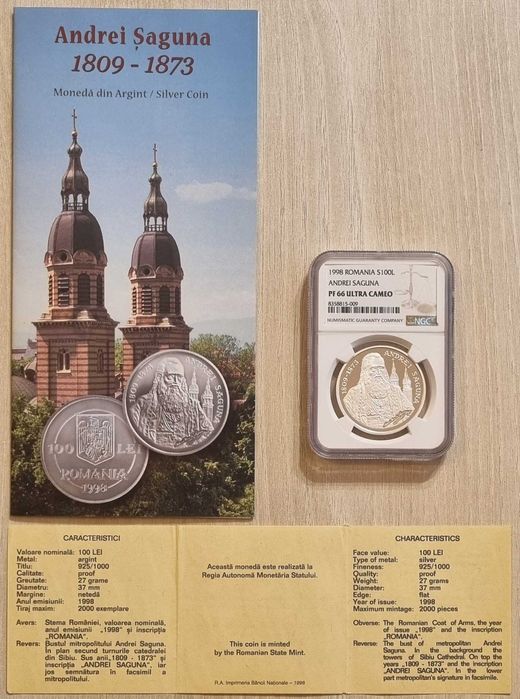 Moneda BNR 100 lei argint Andrei Saguna gradata NGC PF 66 UC