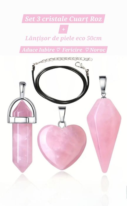 Set 3 cristale Cuarț Roz+Colier piele eco. Reiki, aduc iubire, noroc.