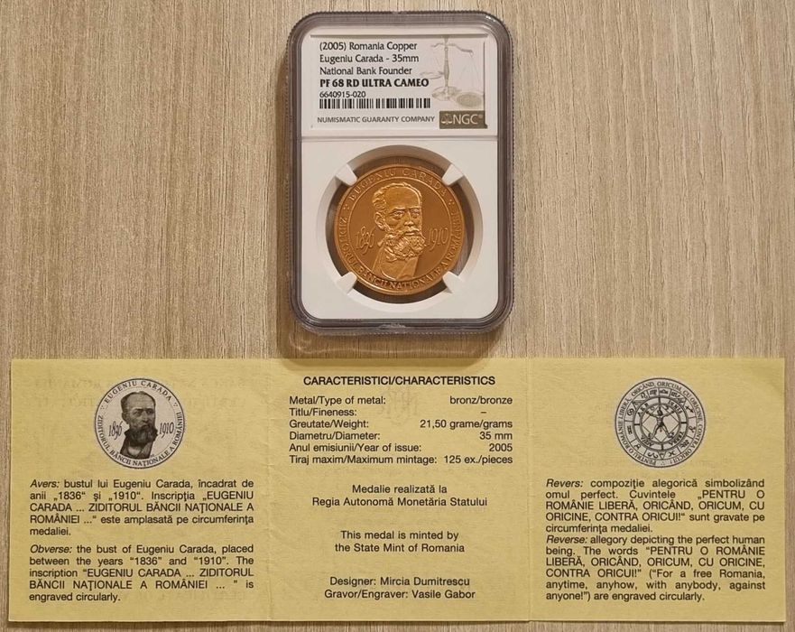 Medalie BNR, bronz, Eugeniu Carada gradata NGC PF 68 UC