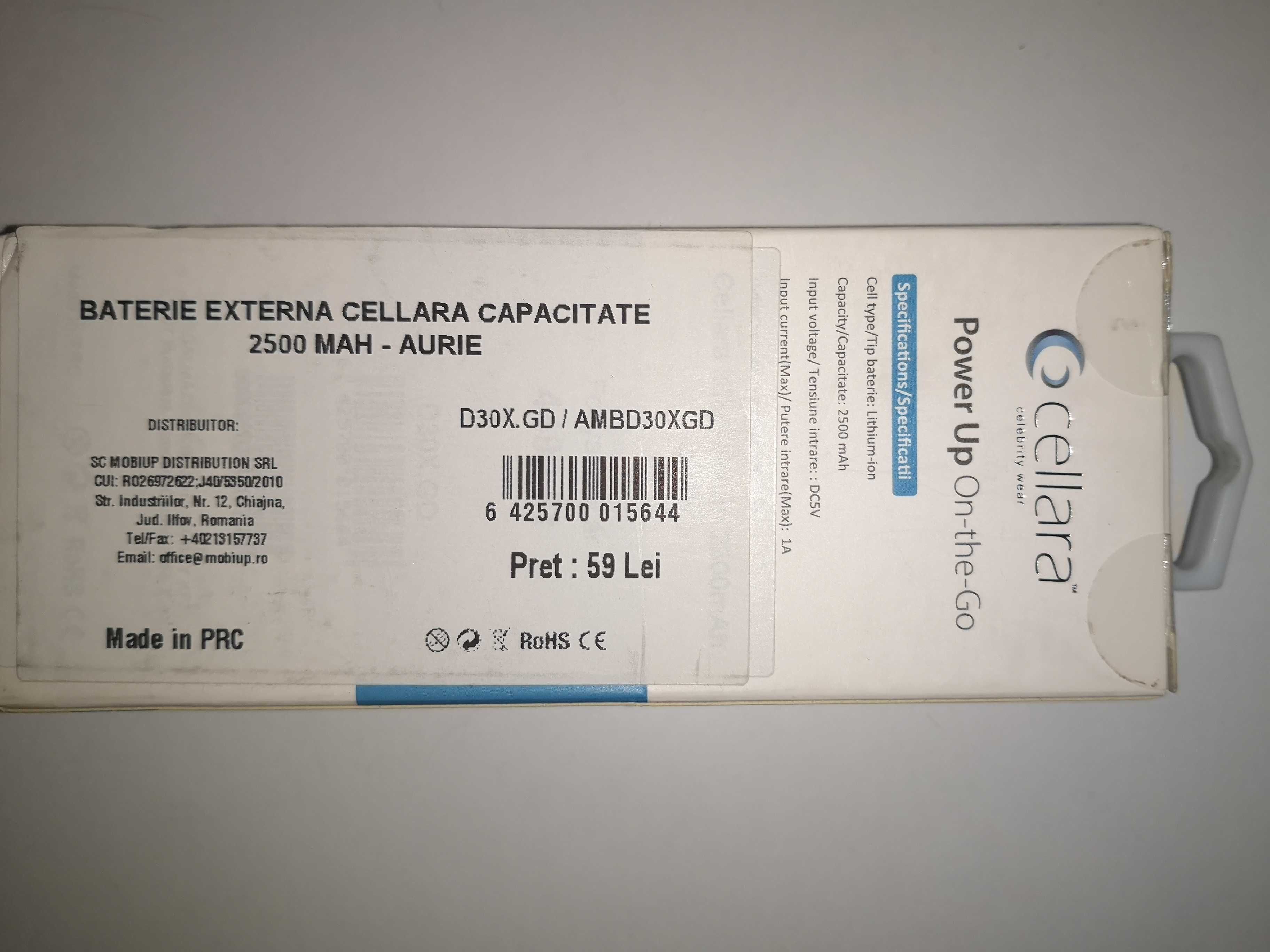 Baterie externa Cellara, 2500mah, Nou, Sigilat, Auriu