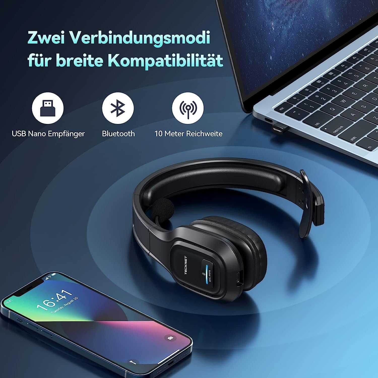 слушалки Bluetooth с микрофон, USB, TECKNET, внос от Германия