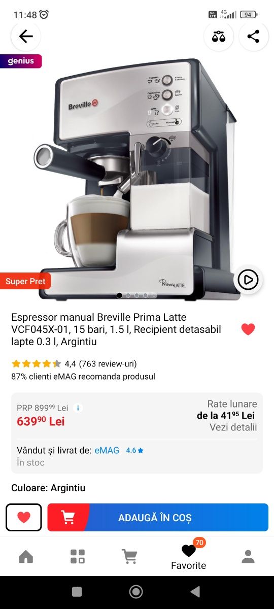 Vand Espressor manual Breville Prima Latte VCF045X-01, 15 bari, 1.5 l