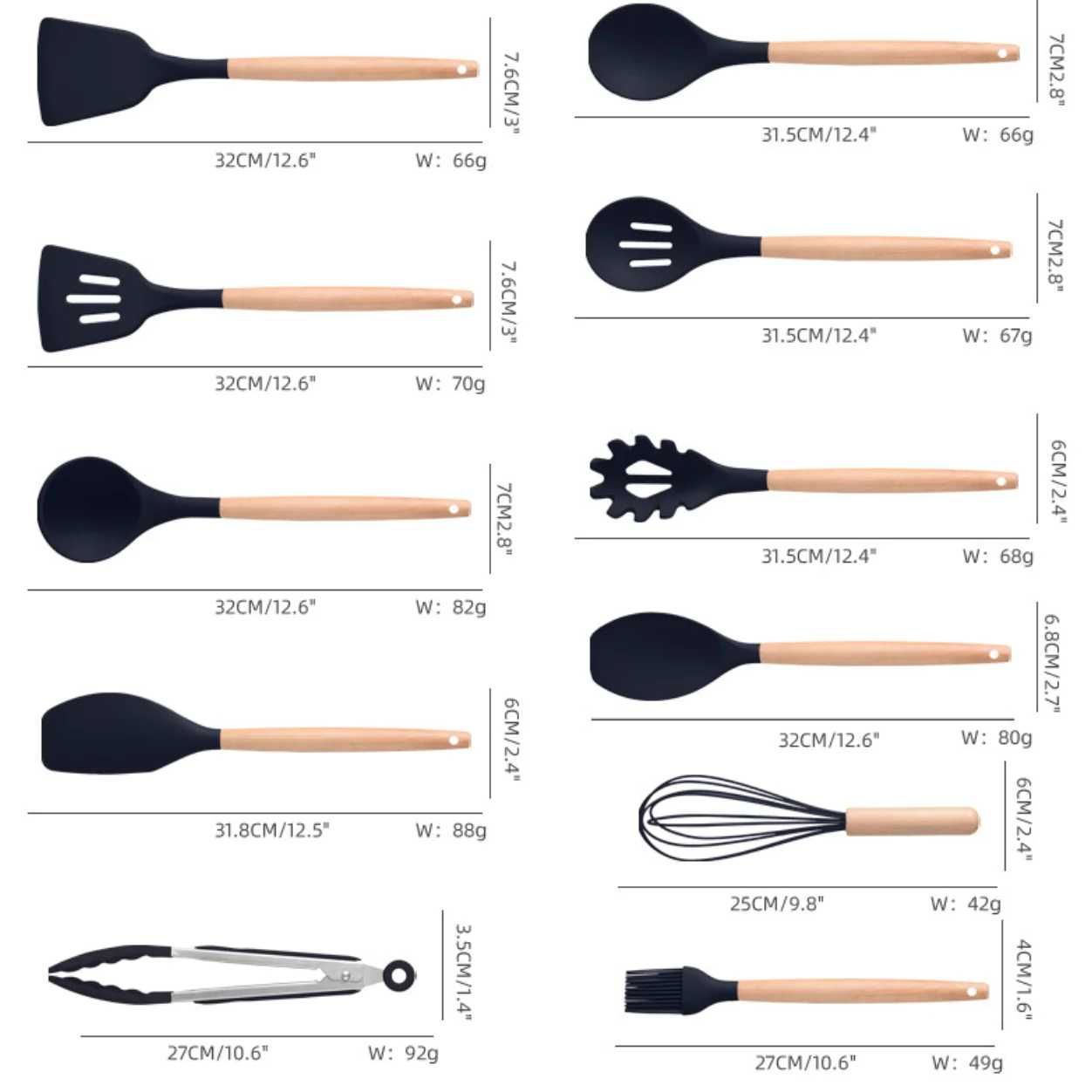 Set 19 ustensile de gatit din silicon cu maner rezistent din bambus