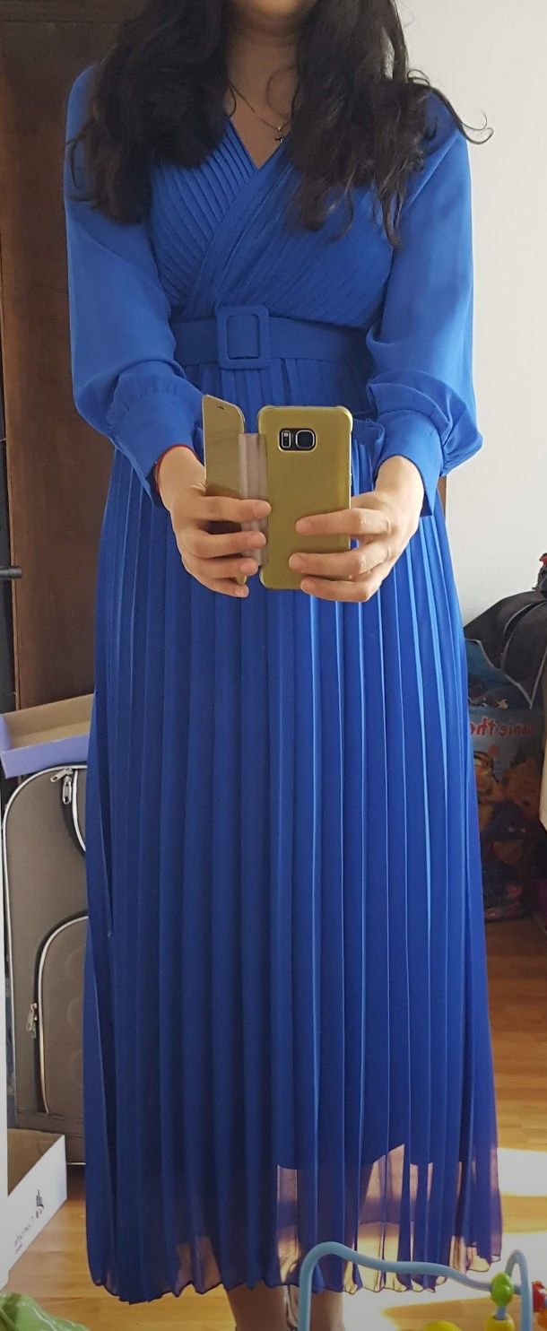 8Rochie ocazie nunta botez albastra lunga plisata