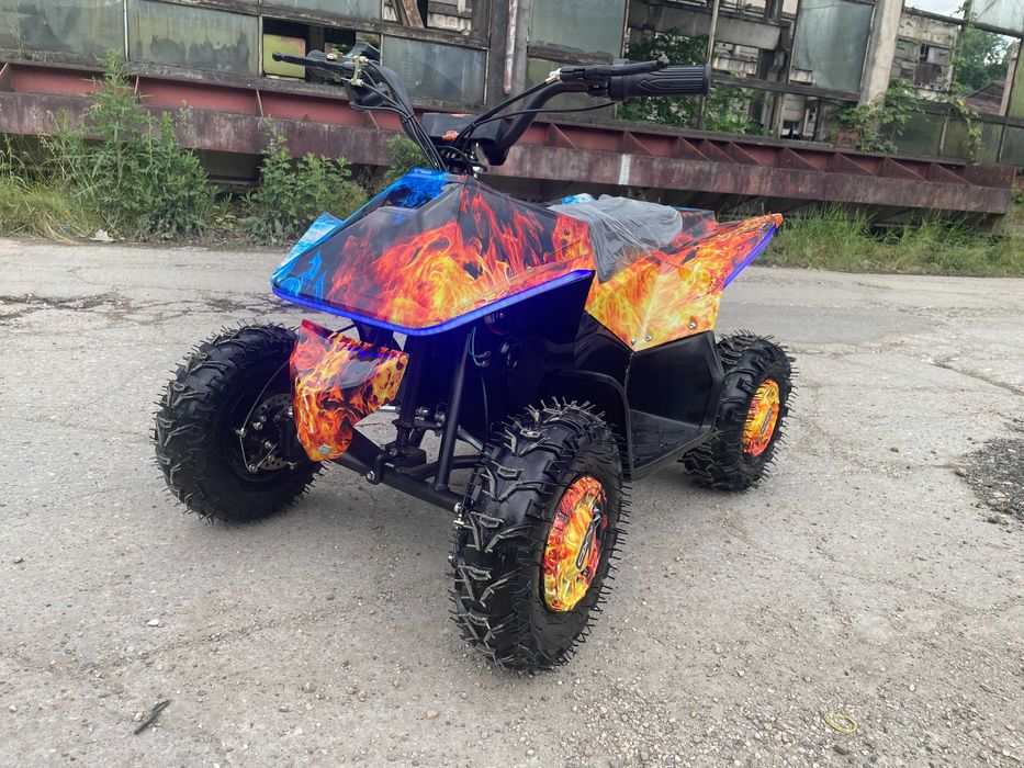 Mini ATV model Tesla copii flacari albastru portocaliu roti cauciuc 6"