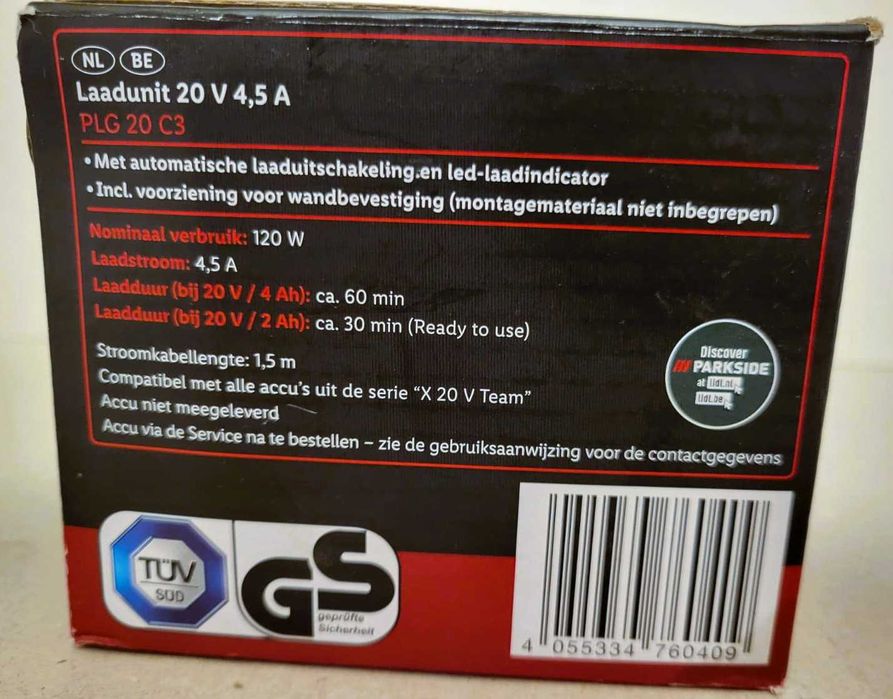 Încărcător Parkside 20V 4.5A PLG 20 C3 – nou, cu indicator LED