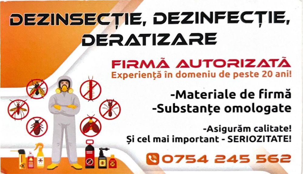 Firma autorizată oferim servicii Dezinsecție/Dezinfecție/Deratizare