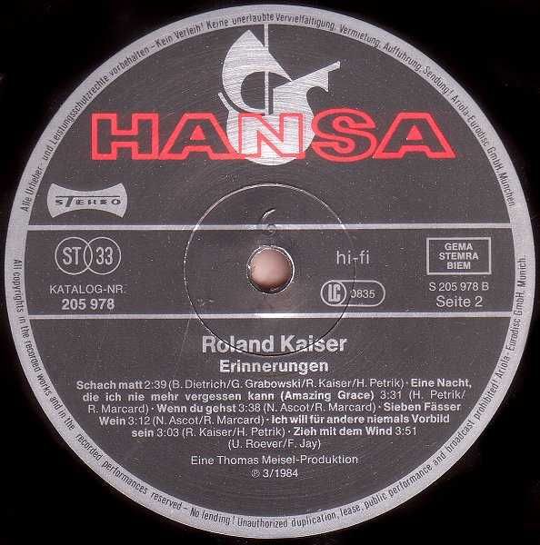 Виниловая пластинка Roland Kaiser – Erinnerungen