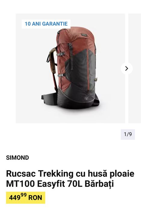Rucsac Trekking cu husă ploaie MT100 Easyfit 70L Bărbați