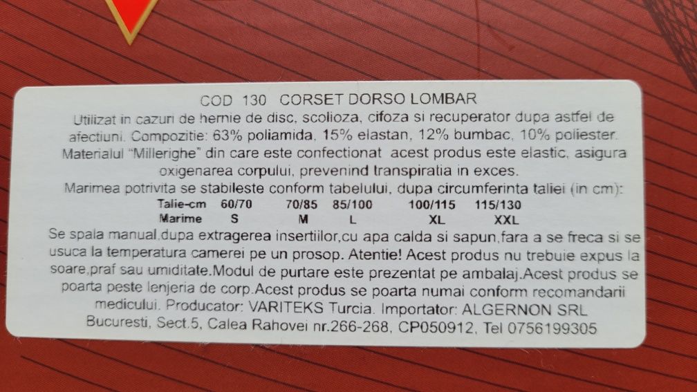 Corset medicinal dorso lombar Variteks marimea XS