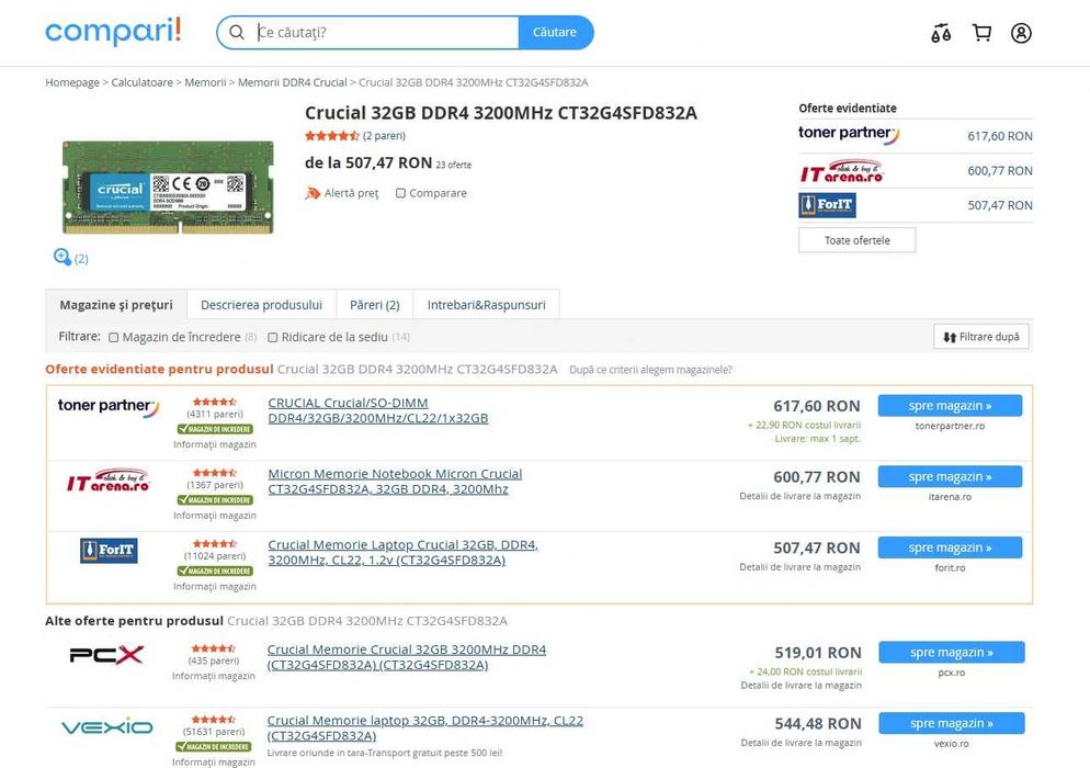 Memorie sodim , RAM Laptop Crucial 32GB DDR4 3200MHz – Nouă
