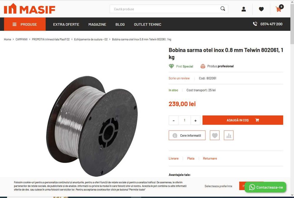 Sârmă inox Telwin, cod 802061 – 1 kg, 0,8 mm