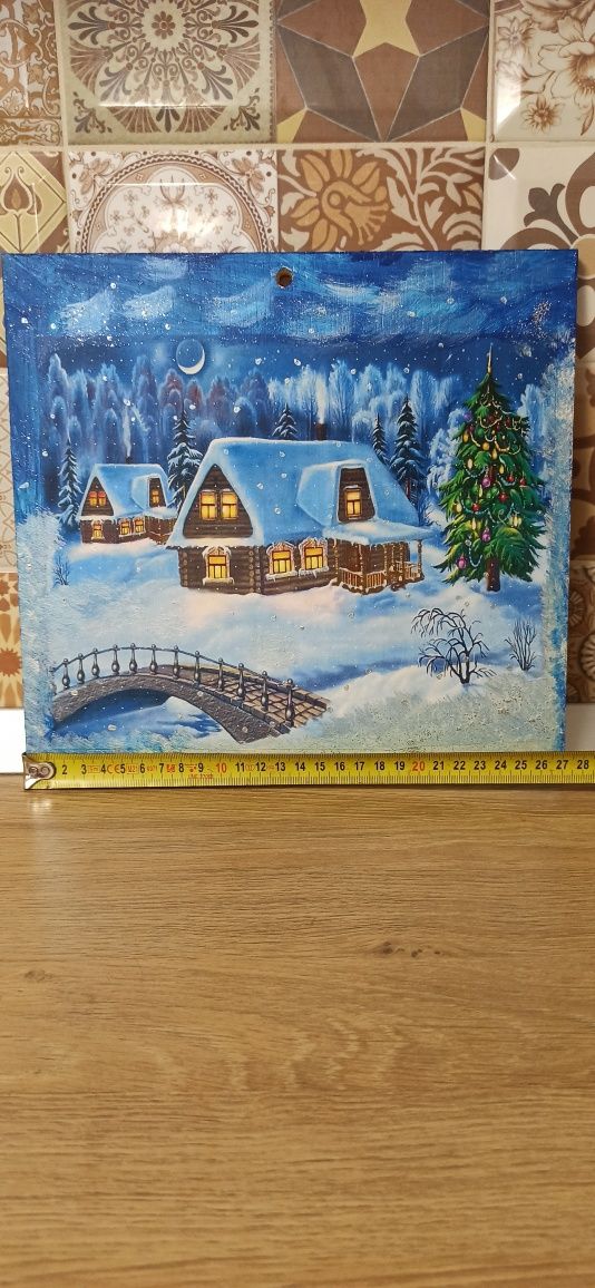 Tablou | Pictură pe lemn 27,5 x 26 cm | Peisaj de iarnă