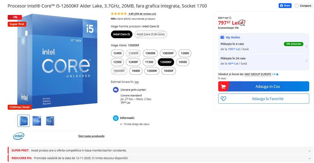 Procesor Intel i5-12600kf - cel mai mic pret!