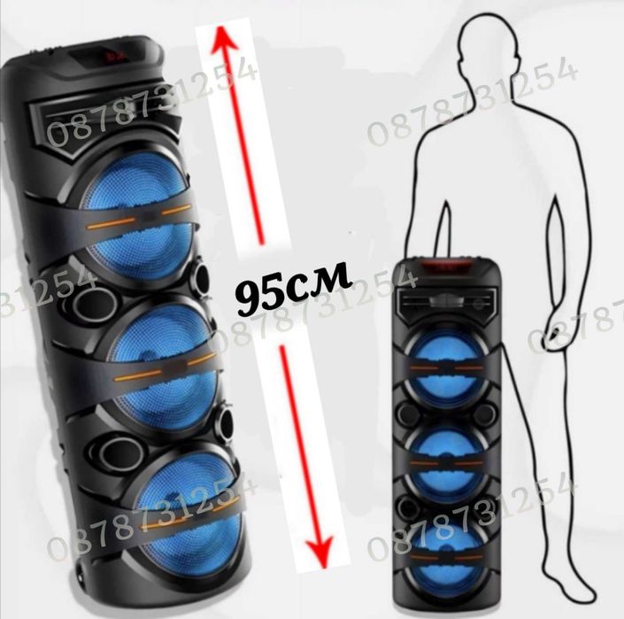 Голяма и Мощна Тонколона 3х8 инча с Безжичен Микрофон и Дистанционно