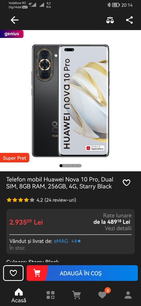 Huawei Nova 10 Pro, Dual SIM, 8GB RAM, 256GB, 4G, Starry Black