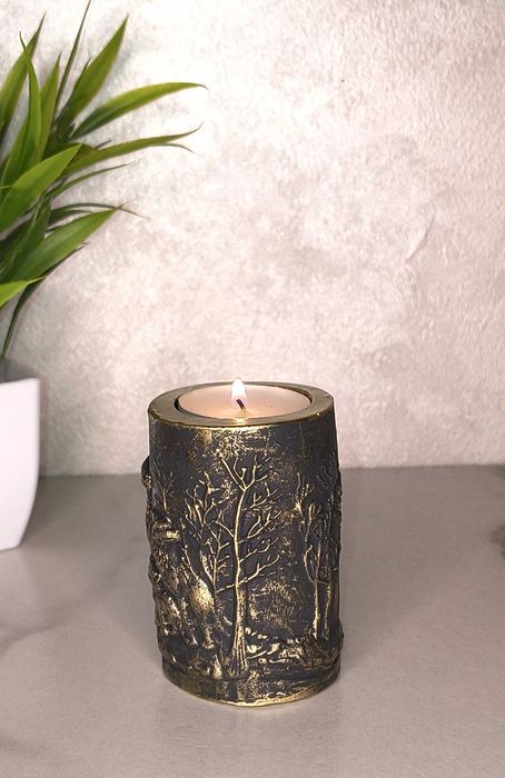 Suport lumânare din ipsos, model lupi,handmade, efect bronz antichizat