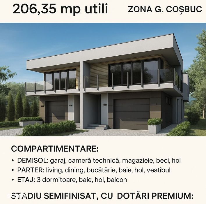 Duplex spațios D+P+E, 206 mp utili  semifinisat premium, str G. Coșbuc