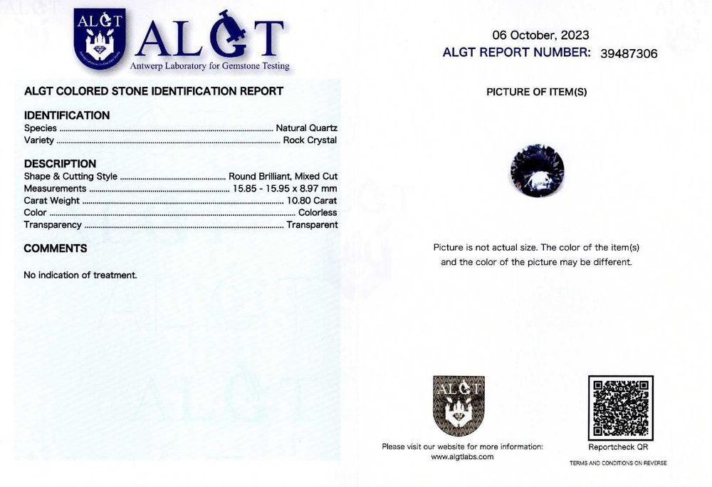 Cristal nemontat(specie cuart) 10,80 ct., ALGT(9839)