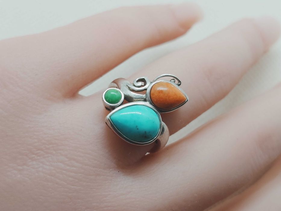 Inel din argint 925 cu turcoaz albastru & verde și coral portocaliu