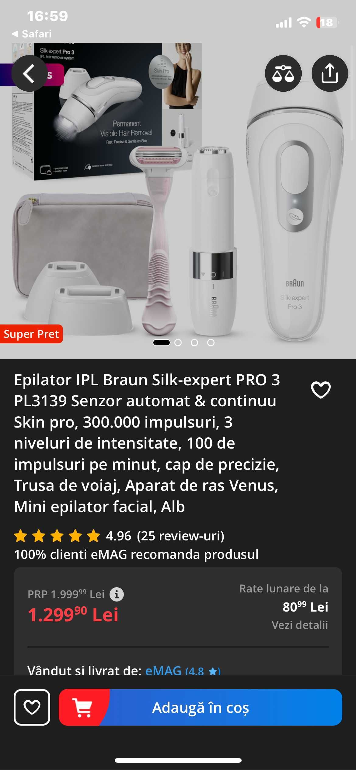 Epilator IPL BRAUN Silk-expert PRO 3 PL3121 Skin Pro Nou , Sigilat